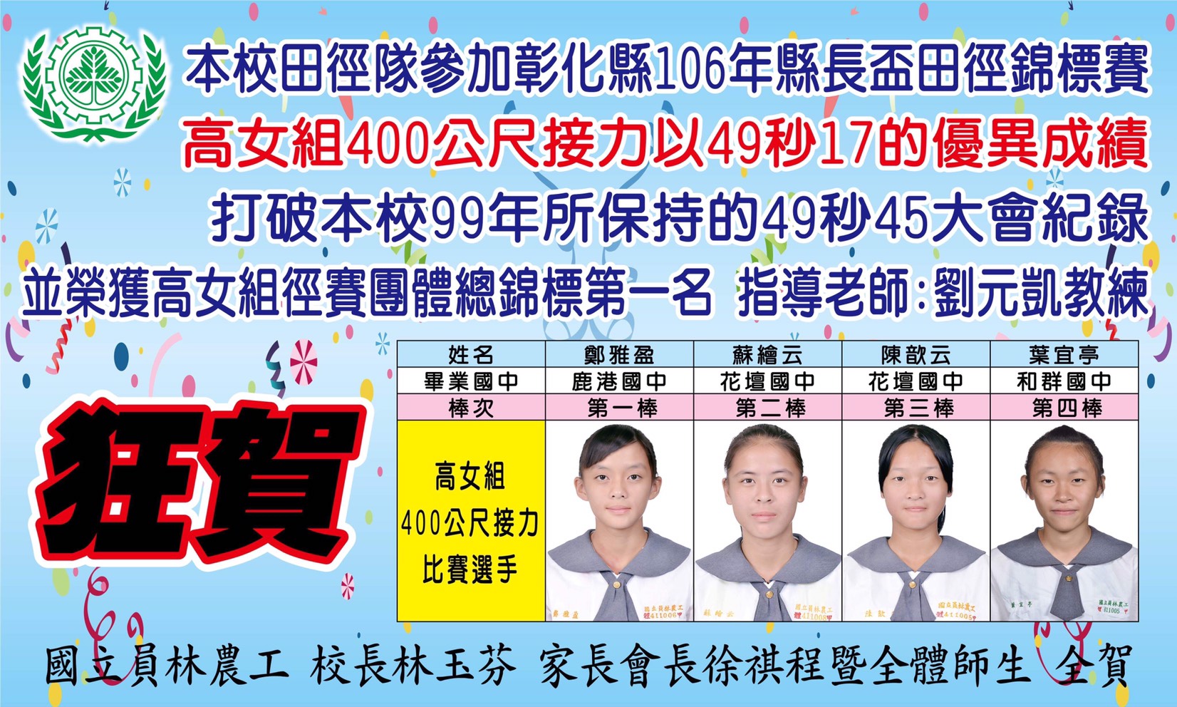 田徑隊參加縣長盃田徑錦標賽以49秒17打破高女組400公尺接力大會紀錄